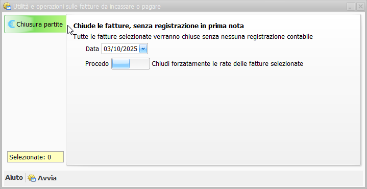 Chiude forzatamente le fatture selezionate, senza creare movimenti contabili