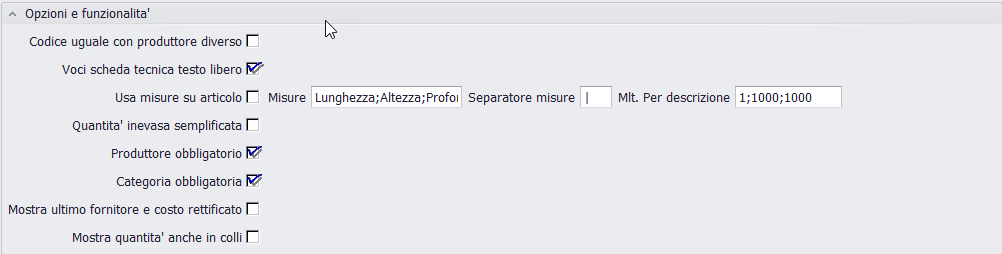 impostazioni magazzino opzioni funzionalità