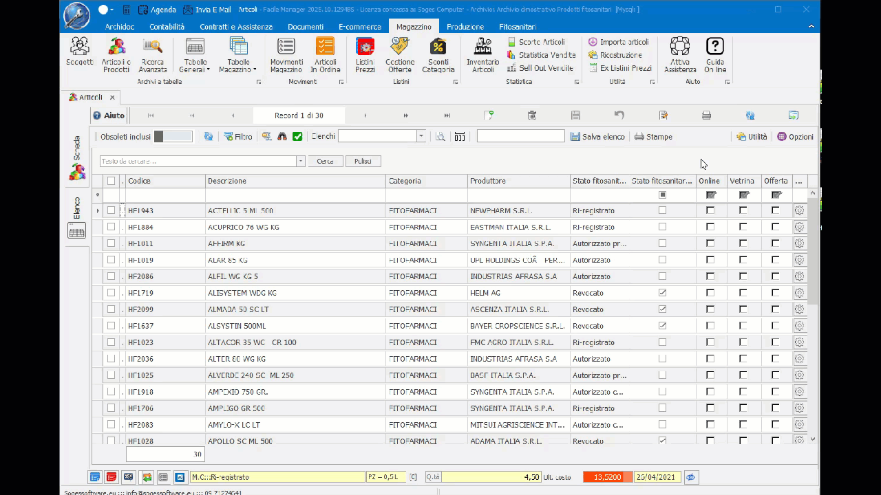 Aggiornamento articoli fitosanitari da database ministeriale
