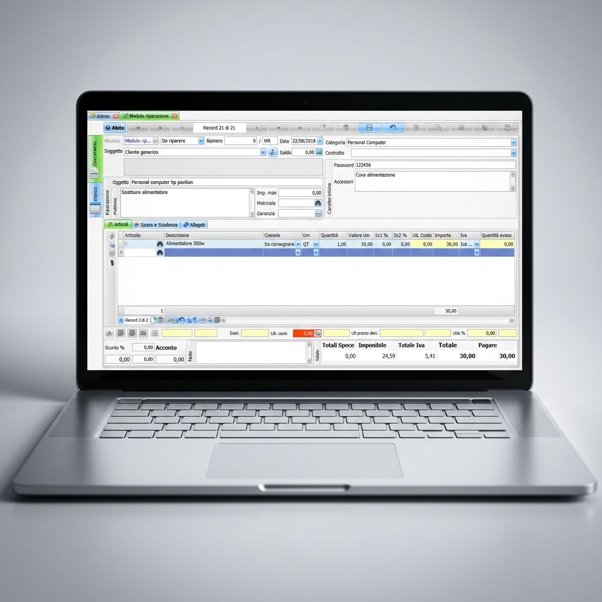 Schermata gestionale Facile Manager – scheda riparazione e contratti assistenza