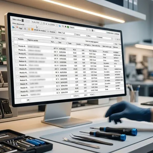 Schermata gestionale Facile Manager – scheda riparazione e contratti assistenza